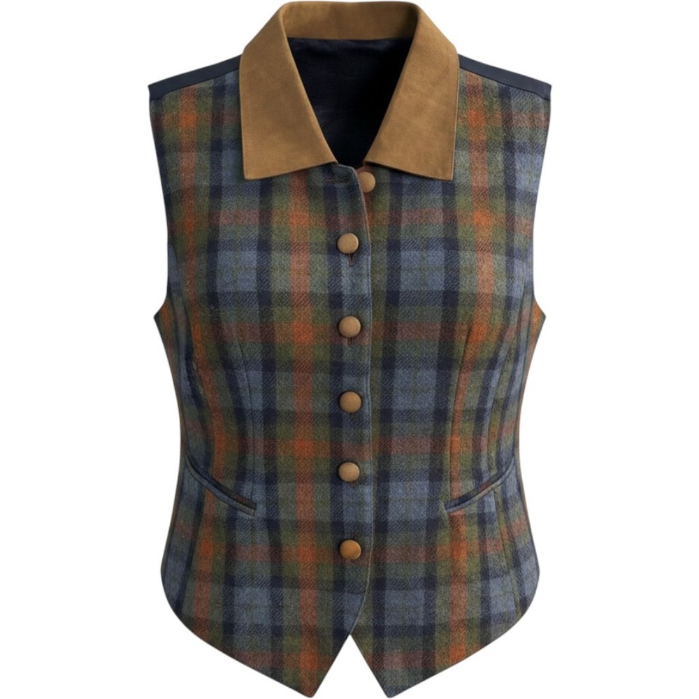 Erika Casuals Vintage Plaid Wool Blend Vest Size Large Faux Suede Collar